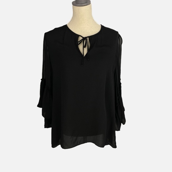 Kobi Halperin Silk Blouse Top Size XL Black Sheer Bell sleeves Popover Witchy - Picture 12 of 12
